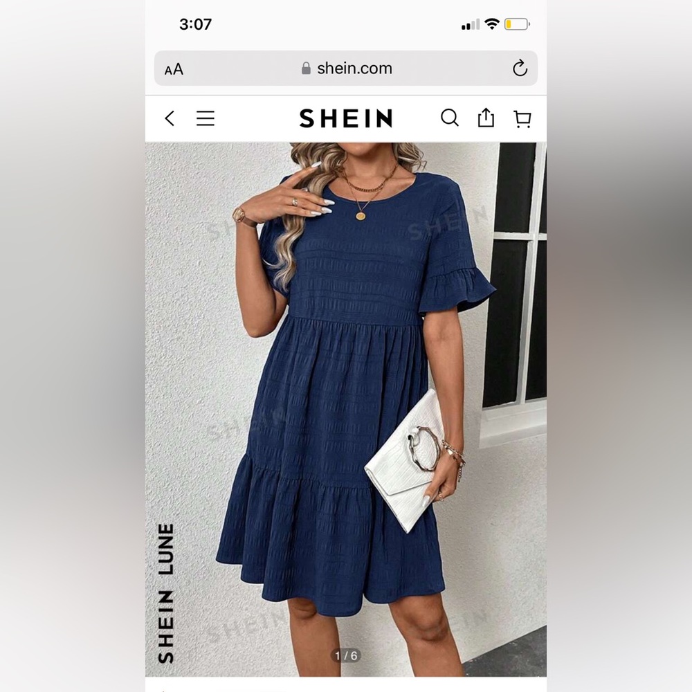 NWT SHEIN LUNE Women's Round Neck Solid Color Ruffle Trim Casual Holiday Dress.